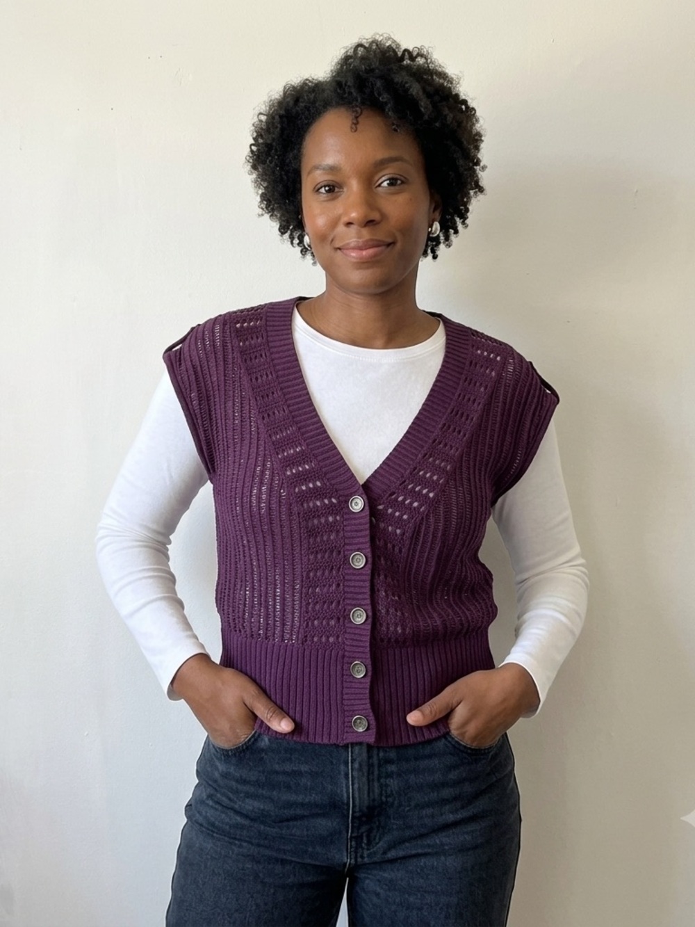 Mudd Vintage Y2K Crochet Knit Cardigan Vest L Purple Open Stitch Button Front